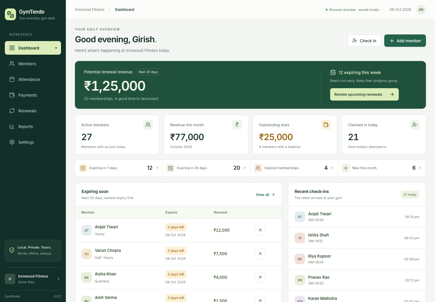 GymTendo dashboard showing membership renewals, payments and daily check-ins with fictional demo data
